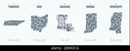 Set vettoriale 4 di 10 sagome estremamente dettagliate delle mappe degli stati degli Stati Uniti, divise in contee con nomi e soprannomi del territorio Illustrazione Vettoriale