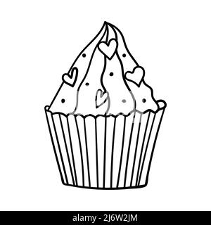 Cupcake con crema e decorazione dei cuori. Per decorazione il giorno di San Valentino. L'elemento di design a profilo semplice è disegnato a mano e isolato su bianco. Doo Illustrazione Vettoriale