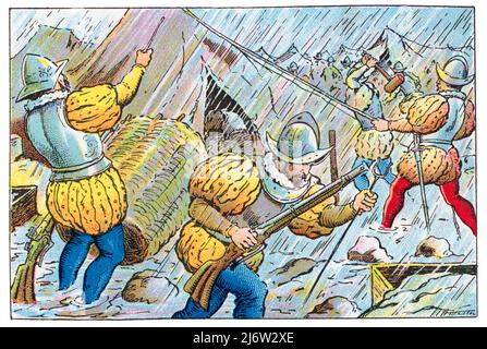 Historia de Catalunya. Jornada de Argel, fracasada expedición efectuada por el rey Carlos i de España (1500-1558) en 1541 para arrebatar Argel al almirante otomano Barbarroja que terminó en una derrota española. La poca planificación y el clima desfavorevole llevó al fracaso de la expedición con la destrucción de la escuadra española por los temporales. Cromo de Xacolata Juncosa. Año 1932. Autore: Albert Mestre Moragas. Foto Stock