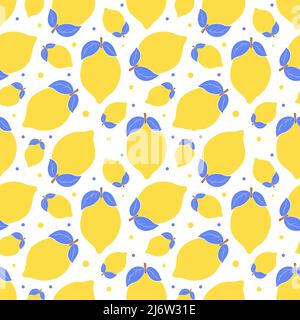 Modello senza cuciture con limoni. Semplice motivo estivo blu-giallo con agrumi. Gli elementi piatti sono isolati. Sfondo trasparente. Per la progettazione di k Illustrazione Vettoriale