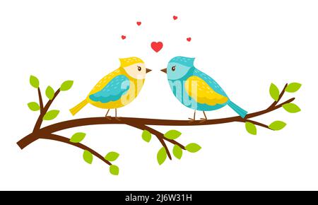 Gli splendidi uccelli primaverili innamorati sono seduti su un ramo con foglie. Cuori nell'aria. I personaggi dei cartoni animati sono animali. Illustrazione del vettore di colore luminoso Illustrazione Vettoriale