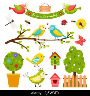 Collezione di elementi di design sul tema della primavera. Colorati uccelli cartoni animati, insetti, alberi, birdhouse, personaggi. Personaggi simpatici. Un insieme di vettori Illustrazione Vettoriale