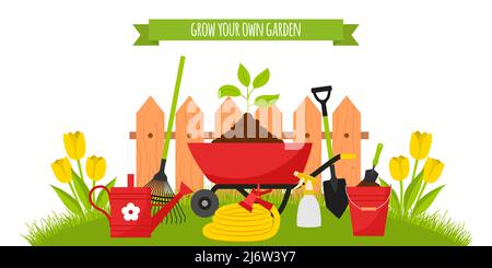 Un set di attrezzi da giardino, una carriola con piantine sullo sfondo di un prato con tulipani e una recinzione. Secchio, annaffiatoio, tubo flessibile. Banner orizzontale Illustrazione Vettoriale