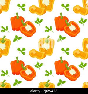 Modello senza cuciture con peperoni. Semplice motivo colore con verdure. Gli elementi in stile piatto sono isolati senza sfondo. Per il design Illustrazione Vettoriale