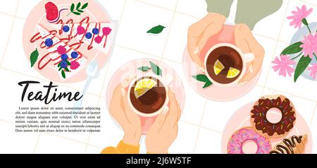 Tazze per tenere le mani con vista dall'alto di tè e caffè. Tè bere, riunione, conversazione o data tra due amici. Tè e dolci. Striscione per caffè, Illustrazione Vettoriale