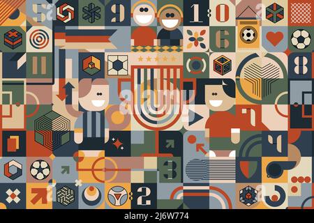 Sfondo astratto della composizione calcistica con forme ed elementi geometrici semplici, icone di giocatori e palline, numeri e schemi senza giunture Illustrazione Vettoriale