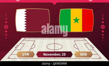 Qatar vs Senegal, Football 2022, Gruppo A. World Football Competition Championship contro squadre intro sport background, campionato competizione Illustrazione Vettoriale