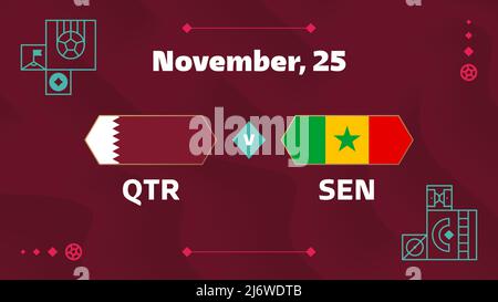 Qatar vs Senegal, Football 2022, Gruppo A. World Football Competition Championship contro squadre intro sport background, campionato competizione Illustrazione Vettoriale
