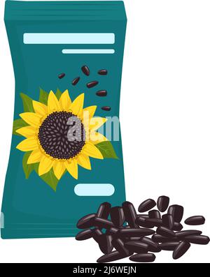 Confezione di semi di girasole neri in buccia. Cibi grassi sani, snack deliziosi, noci da cucina. Illustrazione piatta vettoriale Illustrazione Vettoriale