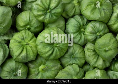 Tomatillo verde fresco in un buccia primo piano su full frame come sfondo Foto Stock