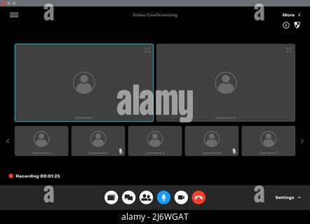 Interfaccia video, schermata video chiamata e chat conferenza dell'applicazione telefono, modello interfaccia utente vettore. Videochiamata via Web sul display del telefono cellulare o del computer con pulsanti e frame delle finestre del webinar online del team Illustrazione Vettoriale
