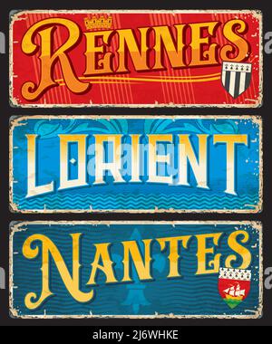 Rennes, Lorient, Nantes adesivi e targhe francesi. Adesivi per località di viaggio in Francia, striscioni rétro per viaggi europei o insegne vettoriali in stagno. Le città francesi adesivi con stemma antico Illustrazione Vettoriale