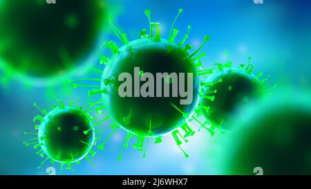 Virus all'interno dell'organismo. Replicazione e mutazione dei virus. Illustrazione di macro 3D. Microbiologia e Virologia come Scienza del futuro Foto Stock