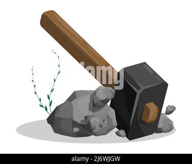 Il martello pesante colpisce le pietre. Estrazione di minerali e minerali. Duro lavoro fisico. Vettore cartoon isolato su sfondo bianco Illustrazione Vettoriale