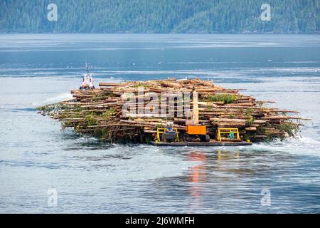 Logging Barge che è trainato sul Passge interno Alaska caricato con alberi di pino tagliati Tronchi Lumber Foto Stock