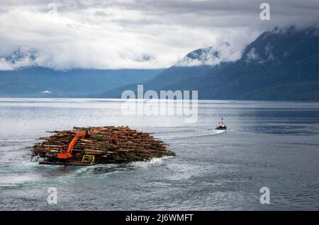 Logging Barge che è trainato da Una barca di Tug sul Passge interno Alaska caricato con alberi di pino tagliati Tronchi Lumber Foto Stock