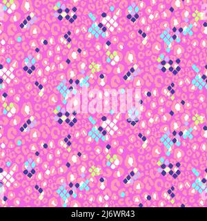Disegno senza cuciture pelle animale selvaggio. Pelle sfondo rosa con serpente e leopardo mix spot. Illustrazione Vettoriale