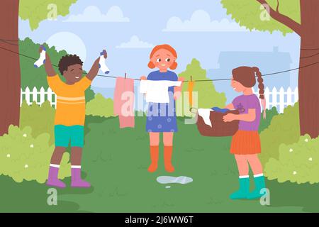 I bambini carini appendono i vestiti per asciugare su clothesline in verde estate giardino illustrazione vettoriale. Le ragazze del cartone animato e il ragazzo che tiene i calzini bagnati ed il cestino, i capretti aiutano la priorità bassa della madre. Lavanderia, chores concetto Illustrazione Vettoriale