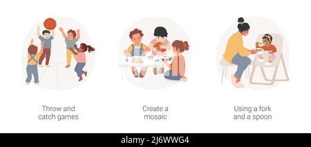Kids Motor Skills sviluppo isolato cartoon vettore illustrazione set. Tiro e cattura giochi, creare un mosaico, utilizzando fork e cucchiaio, giocare un gioco, attività asilo, self-care vettore cartoon. Illustrazione Vettoriale