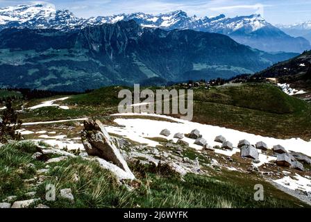 Les Diablerets è una località sciistica situata nel comune di Ormont-Dessus, nel cantone di Vaud, Svizzera, nel 1985 Foto Stock