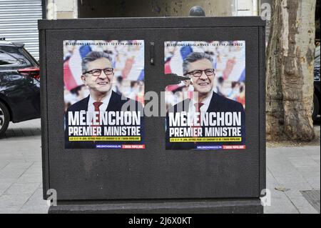 FRANCIA. PARIGI (75) 11TH ARR. MANIFESTO DI JEAN-LUC MELENCHON, LEADER DELLA FRANCIA INSUMISED, PROMUOVENDO LA SUA NOMINA A PRIMO MINISTRO (ELEZIONE A CAMPA Foto Stock