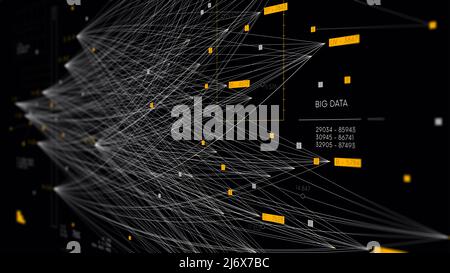 Rete neurale di dati complessi di grandi dimensioni, concetto di visualizzazione dei dati informativi, analisi aziendale, background tecnologico, monitor in prospettiva Foto Stock