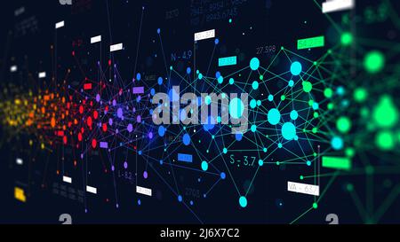 Reti informative astratte colorate, analisi finanziaria dei big data, visualizzazione futuristica, monitor in prospettiva Foto Stock