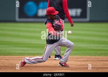 Maggio 3 2022: Washington Infielder Dee Strange-Gordon (9) durante la pre partita con Washington Nationals e Colorado Rockies tenuto al Coors Field di Denver Co. David Seelig/Cal Sport Medi Foto Stock