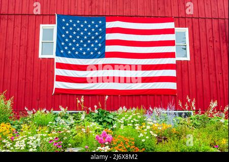 Bandiera americana postata sul lato di un granaio rosso vicino a Ludington, Michigan, USA Foto Stock