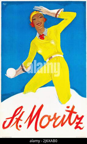 Poster Vintage 1930s Travel - ST MORITZ - 1932 - Sport invernali. Donna in una tuta gialla, con una palla di neve lotta. Poster da sci Foto Stock