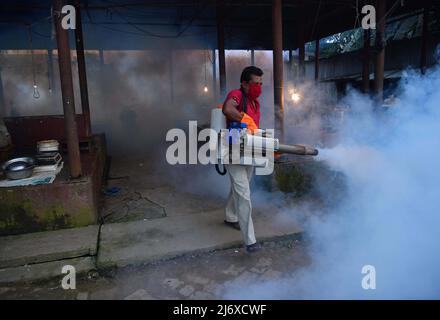 Un lavoratore fumiga un'area di mercato come misura preventiva contro le malattie trasmesse dalle zanzare nella Giornata Mondiale della malaria. La Giornata Mondiale della malaria si celebra ogni anno il 25th aprile per richiamare l'attenzione globale sugli sforzi compiuti per porre fine alla malaria e incoraggiare azioni volte a ridurre la sofferenza e la morte della malattia. Agartala, Tripura, India. Foto Stock