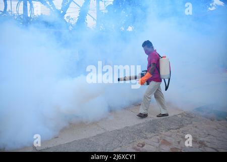 Un lavoratore fumiga un'area di mercato come misura preventiva contro le malattie trasmesse dalle zanzare nella Giornata Mondiale della malaria. La Giornata Mondiale della malaria si celebra ogni anno il 25th aprile per richiamare l'attenzione globale sugli sforzi compiuti per porre fine alla malaria e incoraggiare azioni volte a ridurre la sofferenza e la morte della malattia. Agartala, Tripura, India. Foto Stock