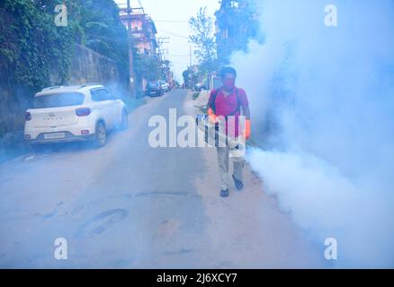 Un lavoratore fumiga un'area di mercato come misura preventiva contro le malattie trasmesse dalle zanzare nella Giornata Mondiale della malaria. La Giornata Mondiale della malaria si celebra ogni anno il 25th aprile per richiamare l'attenzione globale sugli sforzi compiuti per porre fine alla malaria e incoraggiare azioni volte a ridurre la sofferenza e la morte della malattia. Agartala, Tripura, India. Foto Stock