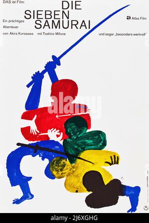 Poster Vintage German Film - The Seven Samurai (1962). samurai (Toshiro Mifune) regista : Akira Kurosawa Foto Stock