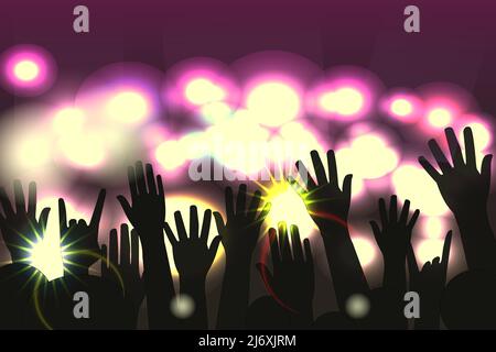 La silhouette di mani rialzate sullo sfondo di uno spettacolo musicale con luce al neon. Illustrazione Vettoriale