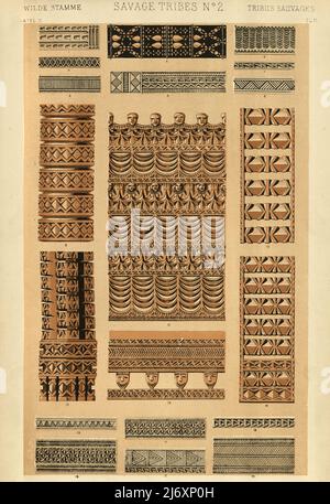 Disegni decorativi polinesiani d'arte, scultura in legno, 19th secolo, grammatica d'ornamento di Owen Jones, 1860s, vittoriano Foto Stock