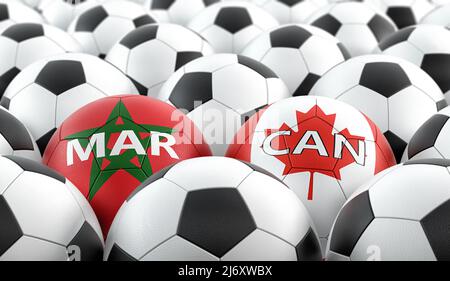 Partita di calcio Canada vs Marocco - sfere in pelle in Canada e Marocco colori nazionali. 3D rendering Foto Stock