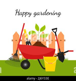 Carriola da giardino con pianta e attrezzi sullo sfondo di una recinzione e erba. Il concetto di crescere il vostro giardino, prendersi cura di piante, giardinaggio, Illustrazione Vettoriale