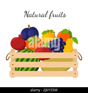 Una scatola di legno piena di frutta fresca matura, cocomero, uva, mela, pera. Cibo naturale e biologico. Il concetto di coltivare il vostro proprio frutto. Mercato. Colore ve Illustrazione Vettoriale
