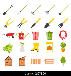 Set di icone sul tema del giardinaggio e delle piante in crescita. Collezione di attrezzi rurali e da giardino. Recinzione, scatola, albero di mele, semi, fertilizzanti. Vettore illus Illustrazione Vettoriale
