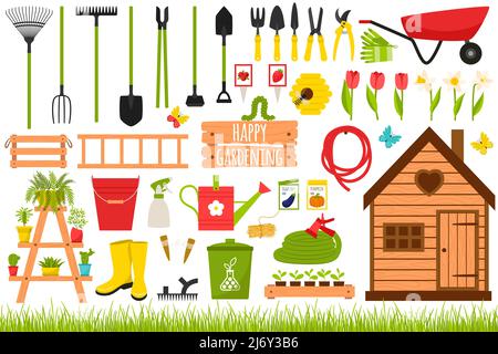 Una grande collezione di attrezzi da giardino, attrezzi, accessori in legno, piante, insetti. Giardinaggio, piante in crescita. Elementi di design in stile cartoon flat. Co Illustrazione Vettoriale