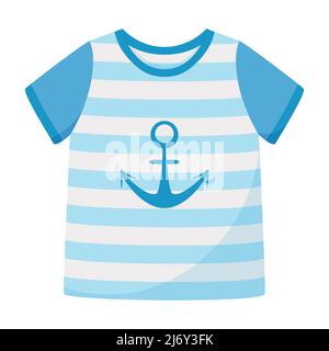 T-shirt a righe blu con maniche corte e tassello. Abbigliamento estivo unisex. Illustrazione vettoriale in stile piatto. Isolato su bianco Illustrazione Vettoriale