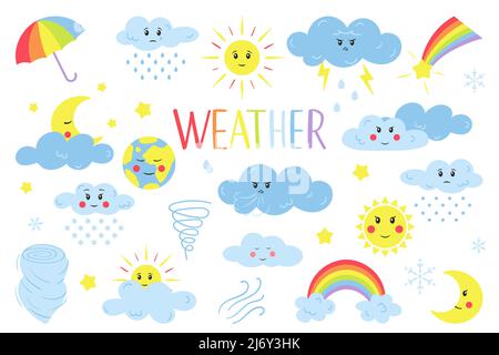 Collezione di elementi di design del tempo in colori pastello. Nuvole, sole, pioggia, ombrello, arcobaleno. Per abbigliamento e prodotti per bambini. Cartoo Illustrazione Vettoriale