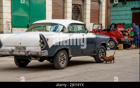 9 gennaio 2016 - l'Avana, Cuba: Una classica auto americana di fronte ad un edificio dell'Avana. Foto Stock