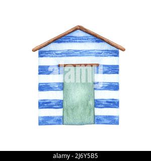 Acquerello spiaggia capanne in una giornata di sole. Blue Beach House. Foto Stock