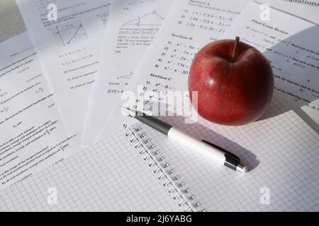 Scrittura manuale dell'equazione quadratica matematica su esame, pratica, quiz o test in classe matematica. Risolvere il concetto di background delle equazioni esponenziali. Foto Stock