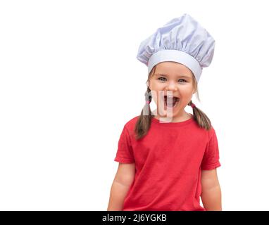 Ritratto di un bambino in un cappello dello chef isolato su sfondo bianco Foto Stock