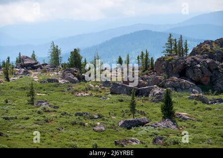 Scogliere di pietra sul fianco della montagna. Catena montuosa di Seminsky ad Altai, Siberia. Foto Stock
