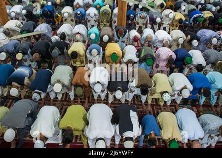 I fedeli musulmani di Kashmiri offrono preghiere a Eid-al-Fitr in una moschea locale di Srinagar. Il festival EID-al-Fitr segna la fine del mese del Santo digiuno del Ramadan. Nel frattempo le autorità indiane non hanno permesso le preghiere di Eid-al-Fitr nella storica Jamia Masjid o Grande Moschea di Kashmir e nel terreno di Eidgah, e solo essere consentito alla Moschea di Jamia se tenuto prima del 7am, le autorità hanno detto. (Foto di Faisal Bashir / SOPA Images/Sipa USA) Foto Stock