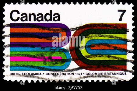 MOSCA, RUSSIA - 27 MARZO 2022: Francobollo stampato in Canada dedicato al Centenario della British Columbia Entry into Confederation, circa 1971 Foto Stock